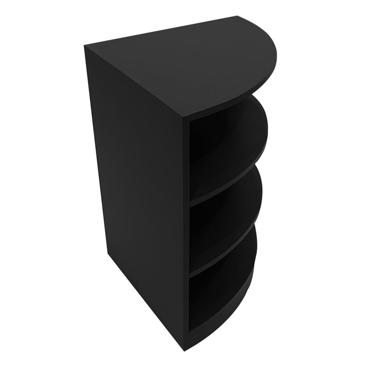 Comptoir de vente à LED Calliope en noir, avec quatre étagères courbées, finition mate et design moderne élégant