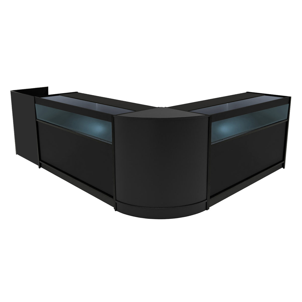 Comptoirs de vente à LED en noir, design moderne avec surfaces lisses, éclairage intégré et vitrines pour une présentation élégante des produits