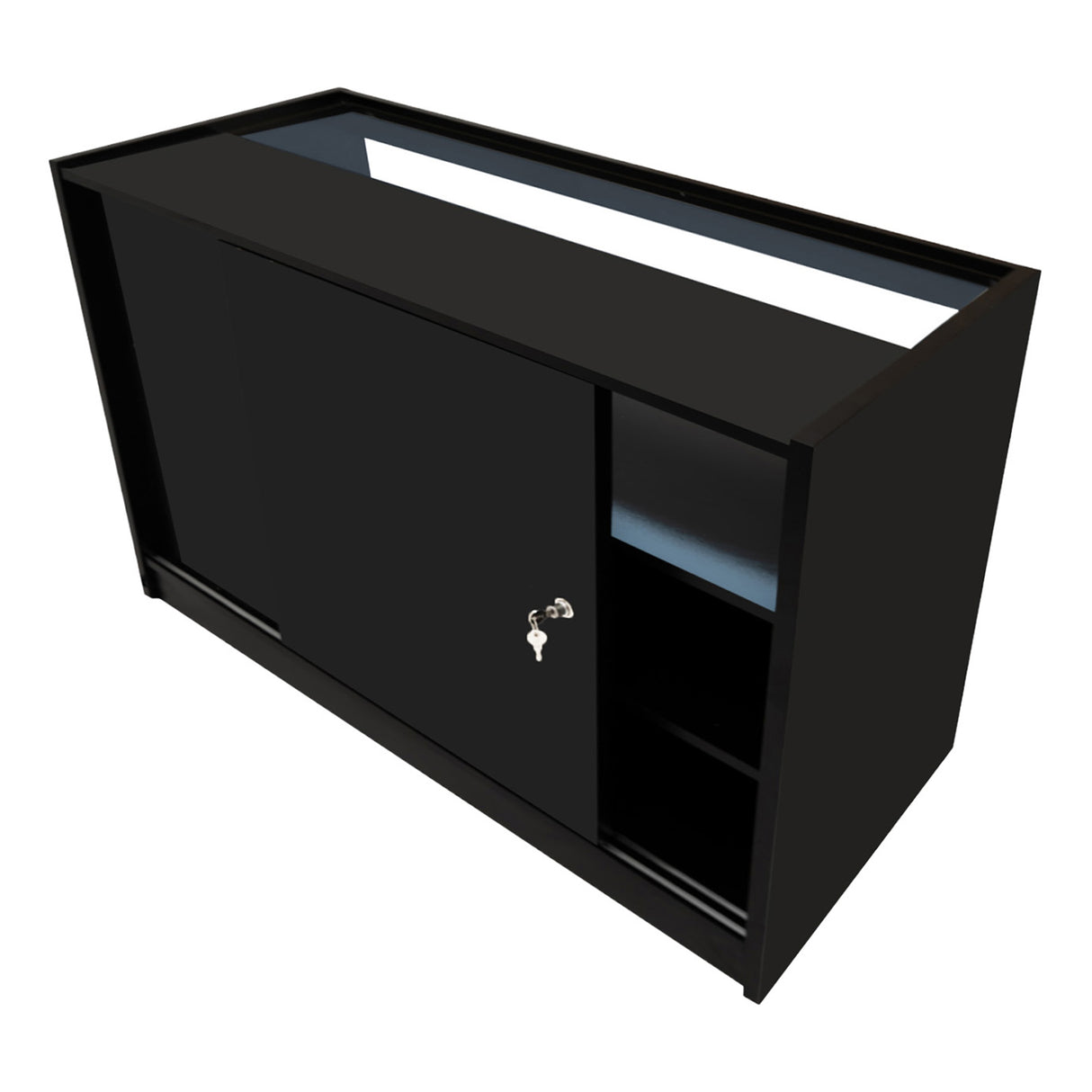Comptoir de vente à LED noir, design moderne, surface lisse, portes coulissantes, éclairage intégré, rangement pratique et élégant