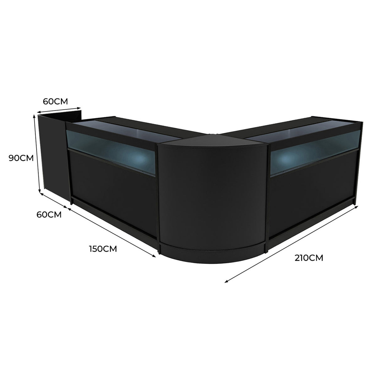 Comptoirs de vente à LED en noir, forme en L, dimensions 210 cm x 90 cm, avec surfaces lisses et éclairage intégré pour une présentation élégante