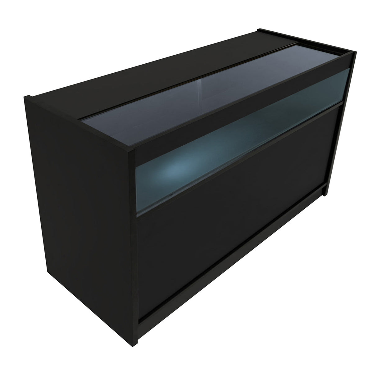 Comptoir de vente à LED noir, design moderne avec surface en verre, éclairage intégré et finition lisse, idéal pour le commerce