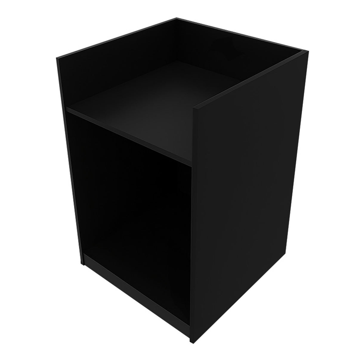 Comptoir de vente à LED noir, design moderne avec une finition lisse, offrant un espace de rangement ouvert et une surface supérieure spacieuse