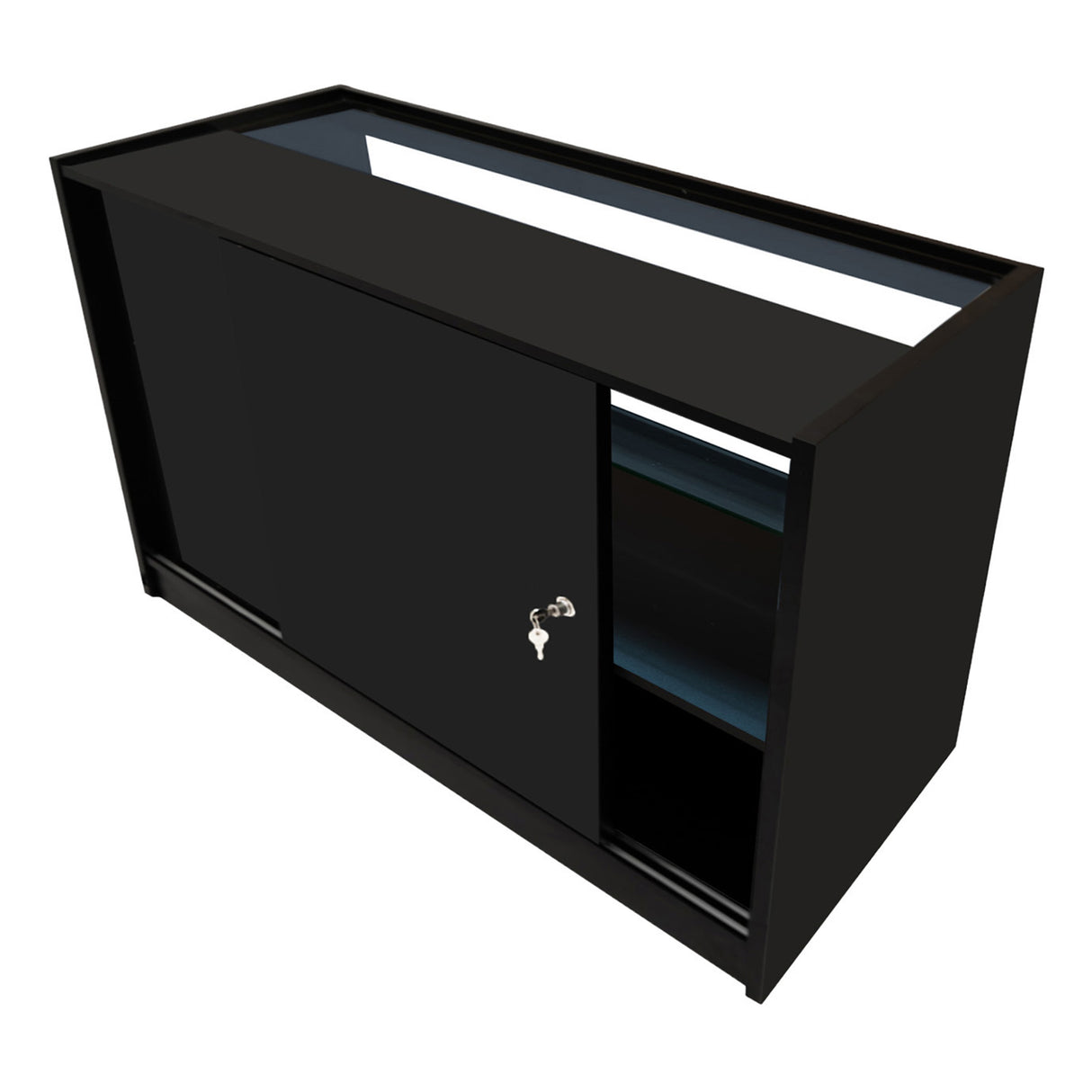 Comptoir de vente à LED noir, design moderne, avec portes coulissantes et étagères, idéal pour la présentation de produits