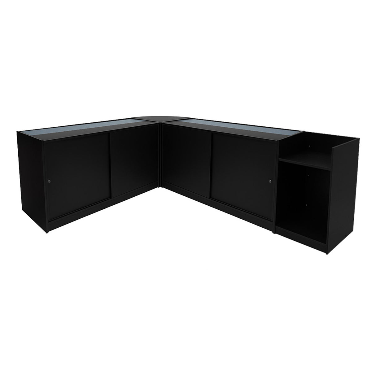 Comptoirs de vente à LED Phoenix en noir, avec surfaces vitrées et finition lisse, offrant un design moderne et fonctionnel