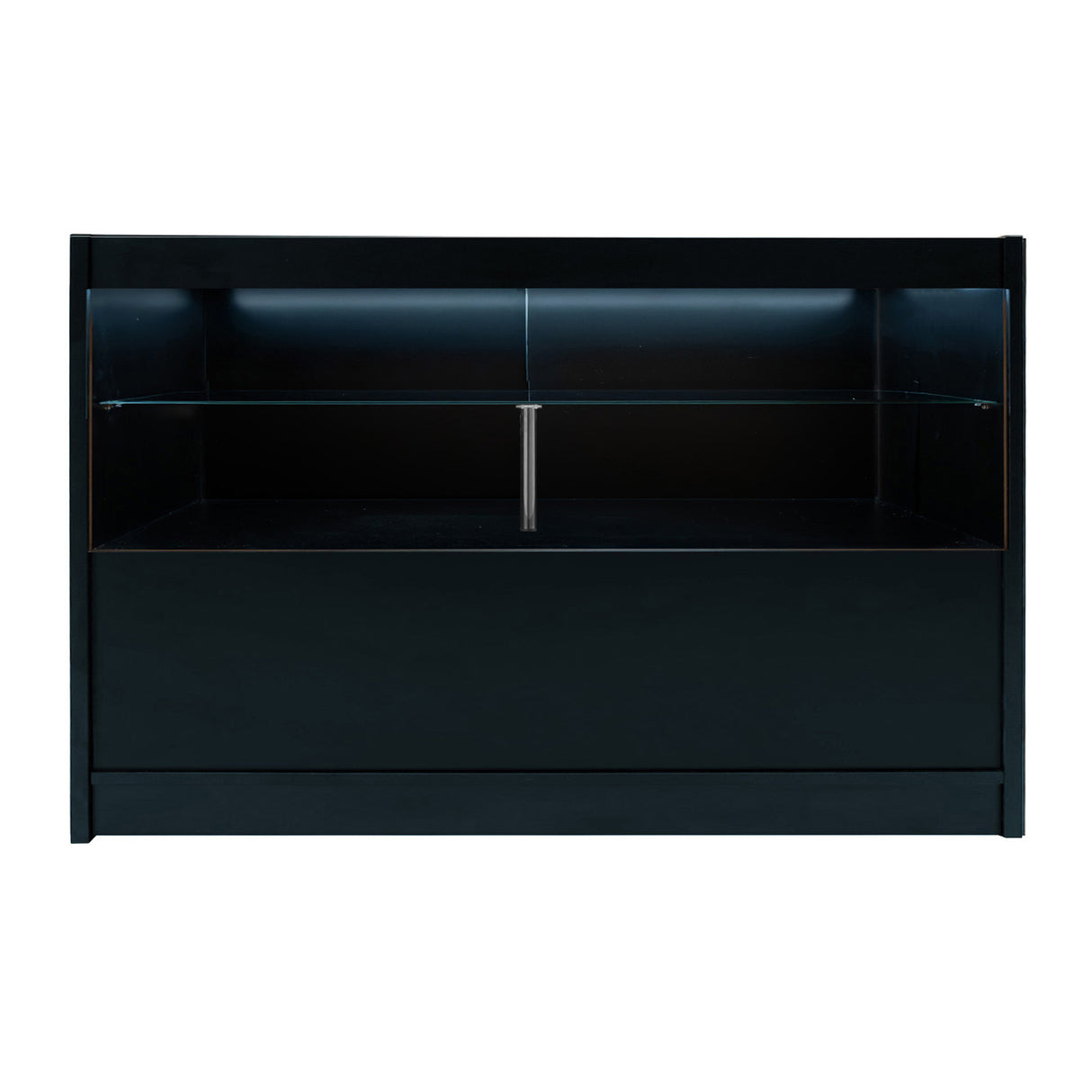 Comptoir de vente à LED noir, design moderne, surface lisse, éclairage intégré, espace de rangement ouvert et élégant