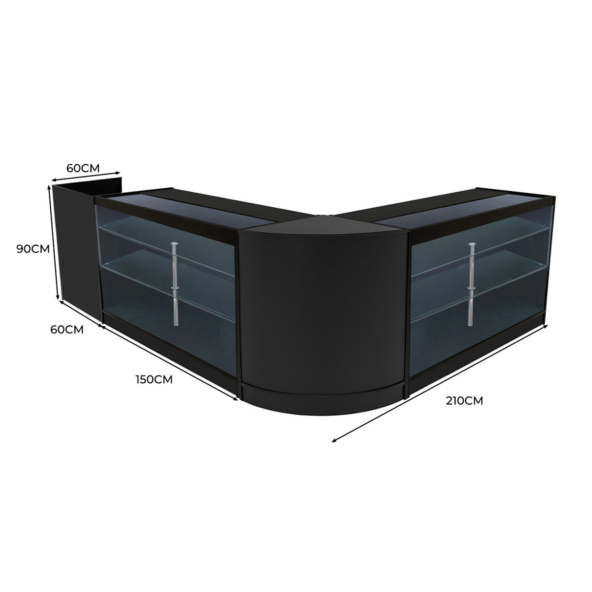 Comptoirs de vente à LED en noir avec surfaces en verre, forme en V, dimensions 210x150x90 cm, design moderne et élégant