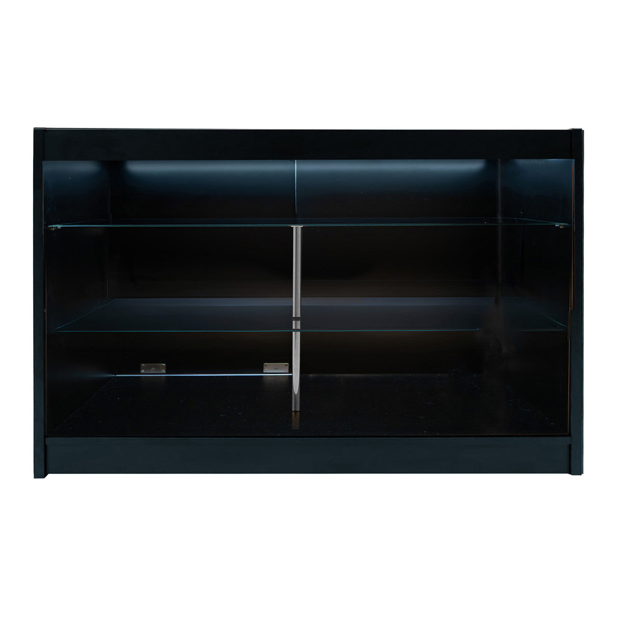 Comptoir de vente à LED noir avec étagères en verre, design moderne et élégant, idéal pour mettre en valeur vos produits