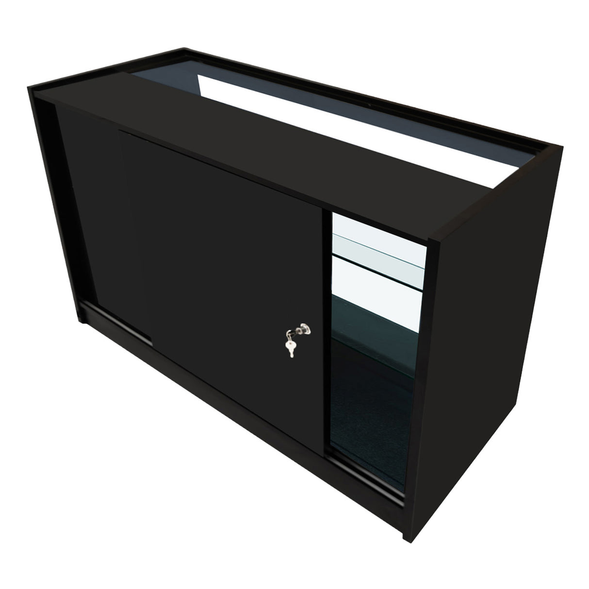Comptoir de vente à LED Polaris noir, design moderne, surface lisse, portes coulissantes et éclairage intégré pour une présentation élégante
