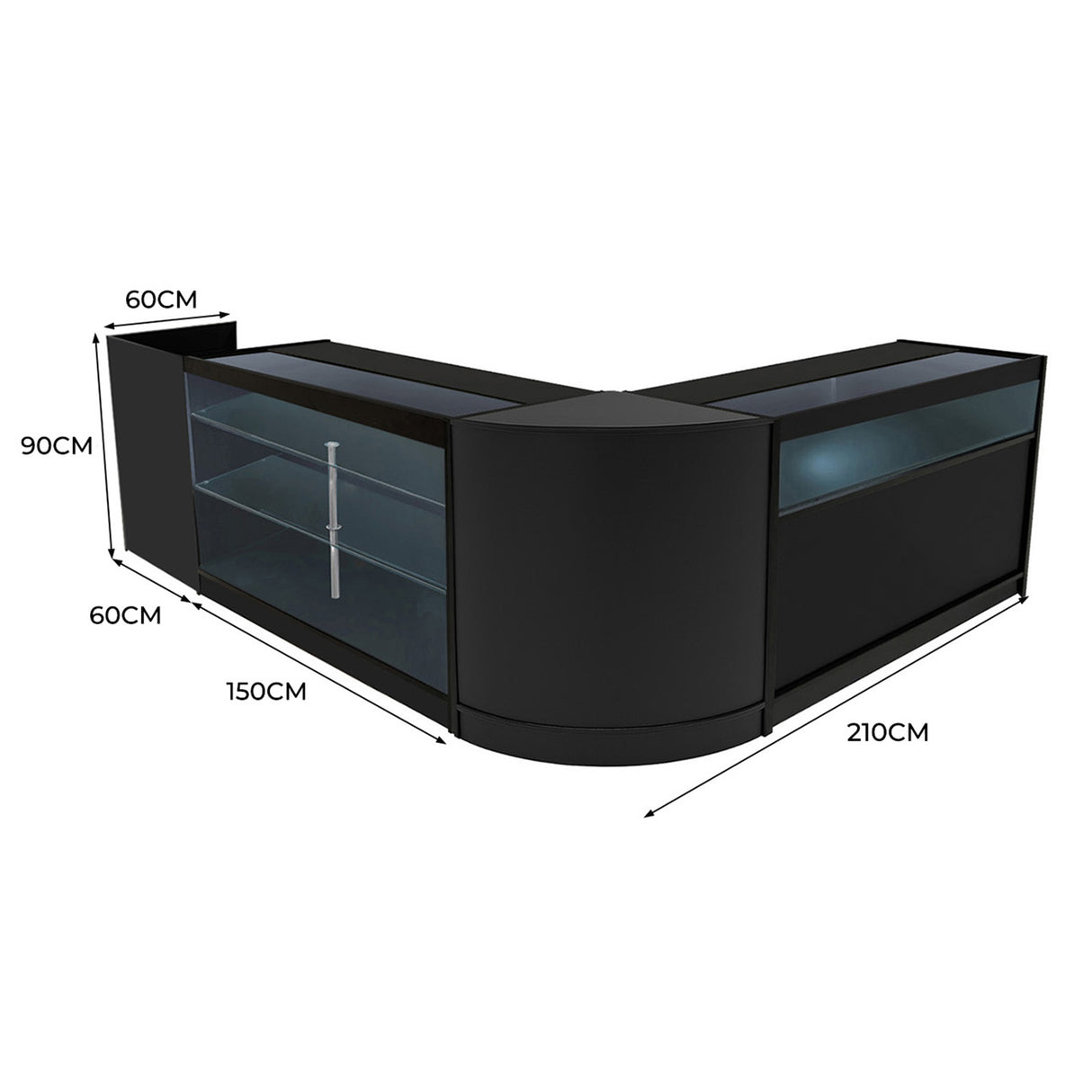 Comptoirs de vente à LED Polaris en noir, avec des surfaces lisses, des étagères en verre et une forme angulaire élégante de 210 cm