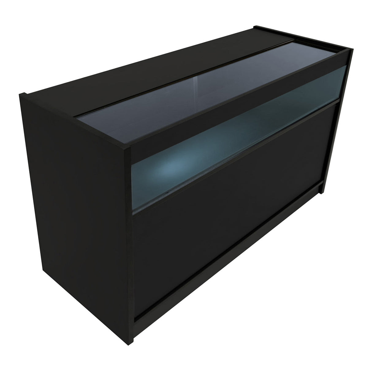 Comptoir de vente à LED Polaris noir, design moderne avec surface en verre, éclairage intégré et finition lisse, idéal pour les espaces commerciaux