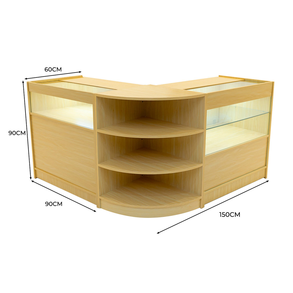 Comptoir de vente à LED en érable clair, avec étagères courbes et vitrines, dimensions 150 cm x 90 cm x 60 cm, design moderne et élégant