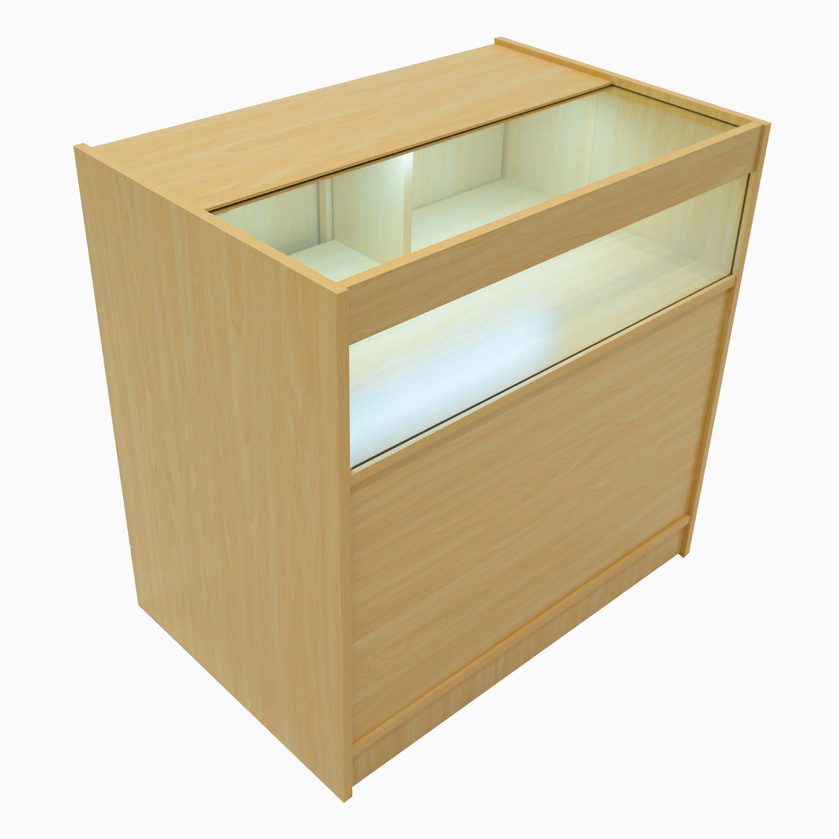 Comptoir de vente à LED en érable clair, avec vitrine en verre et éclairage intégré, design moderne et épuré, idéal pour les boutiques