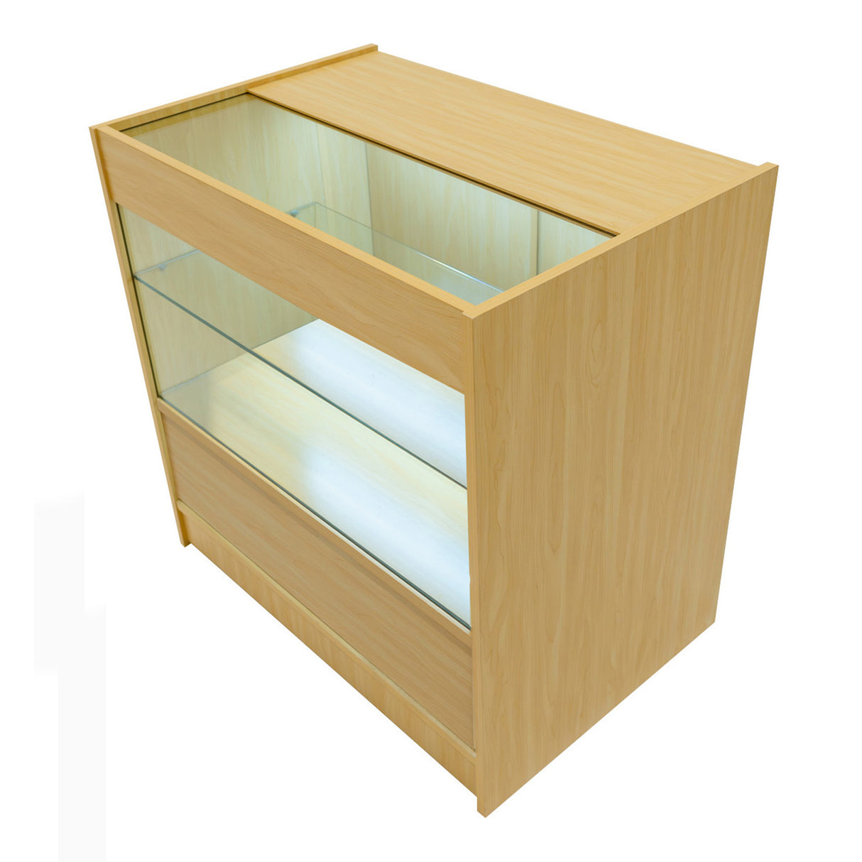 Comptoir de vente à LED en érable clair, avec vitrines en verre, éclairage intégré et finition lisse, design moderne et élégant