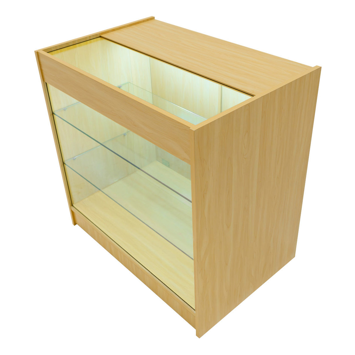 Vitrine en érable clair avec éclairage LED, trois étagères en verre transparent, design moderne et épuré pour présentation de produits