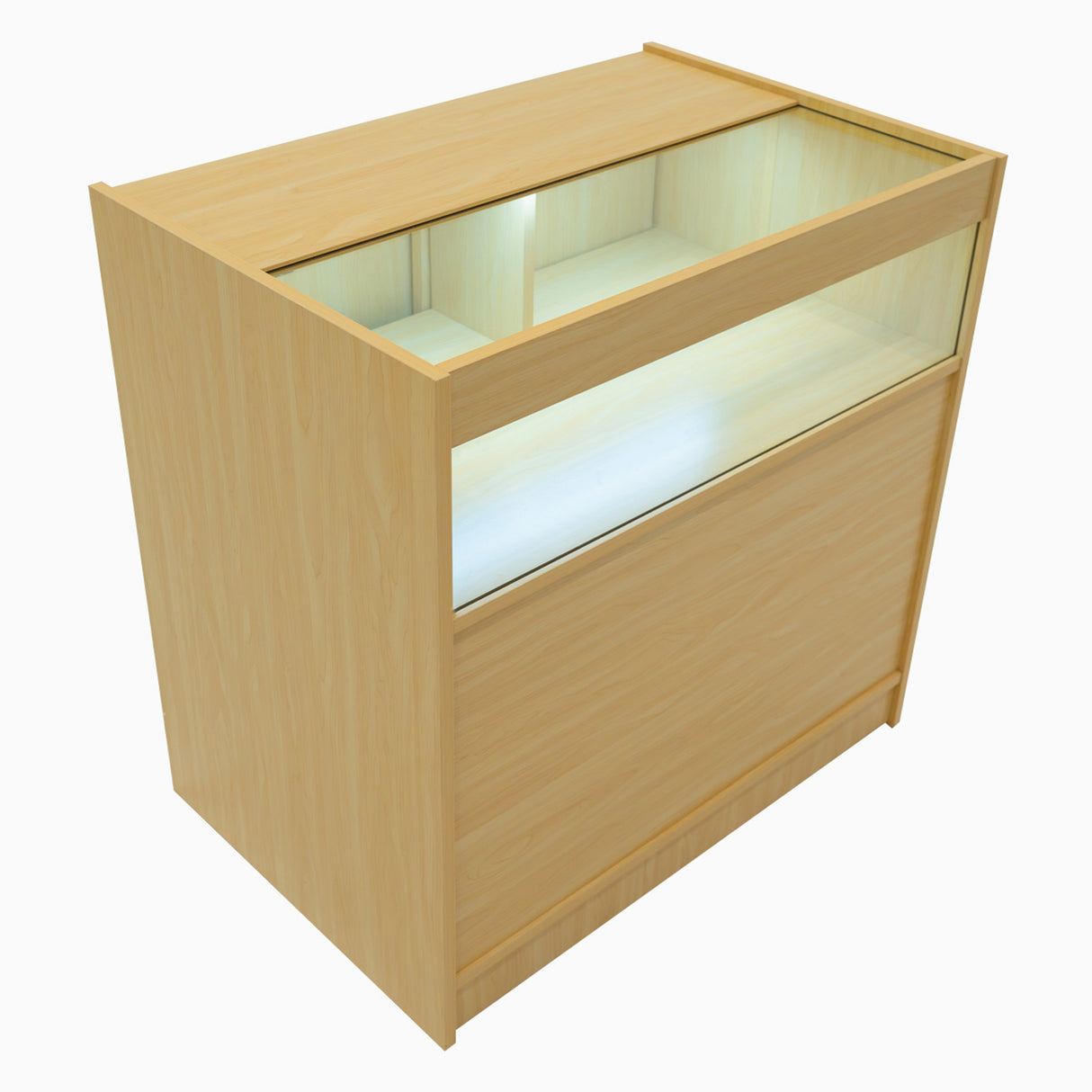 Comptoir de vente à LED en érable clair, avec un design moderne, surface lisse et éclairage intégré pour mettre en valeur les produits