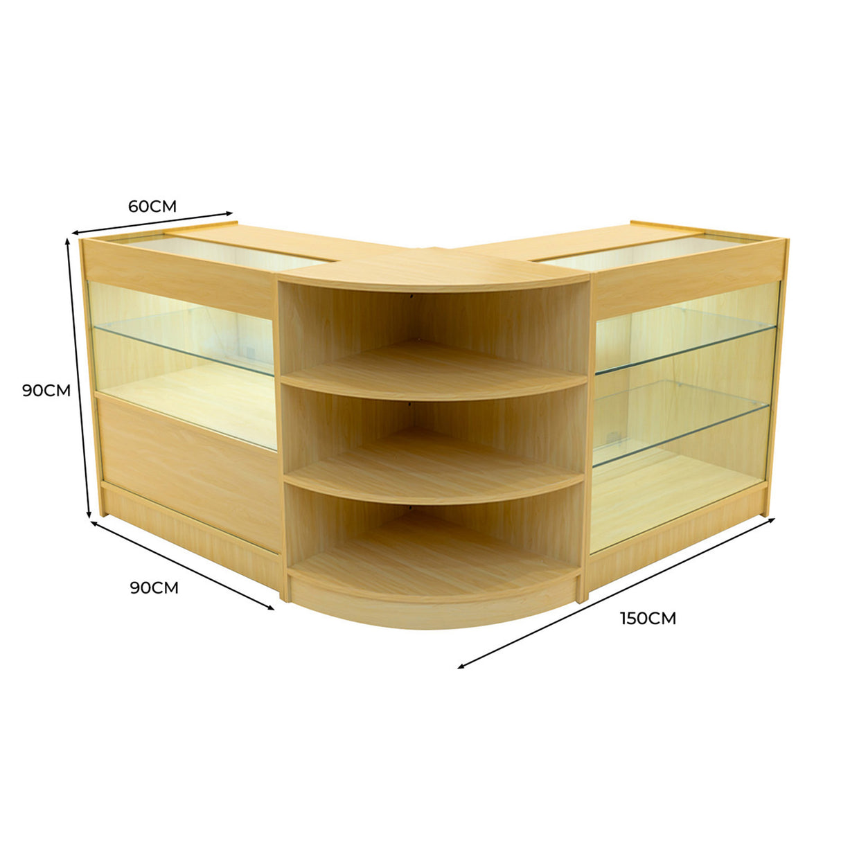 Comptoir de vente en érable clair avec étagères en verre, forme en L, dimensions 150 cm x 90 cm x 90 cm, design moderne et élégant