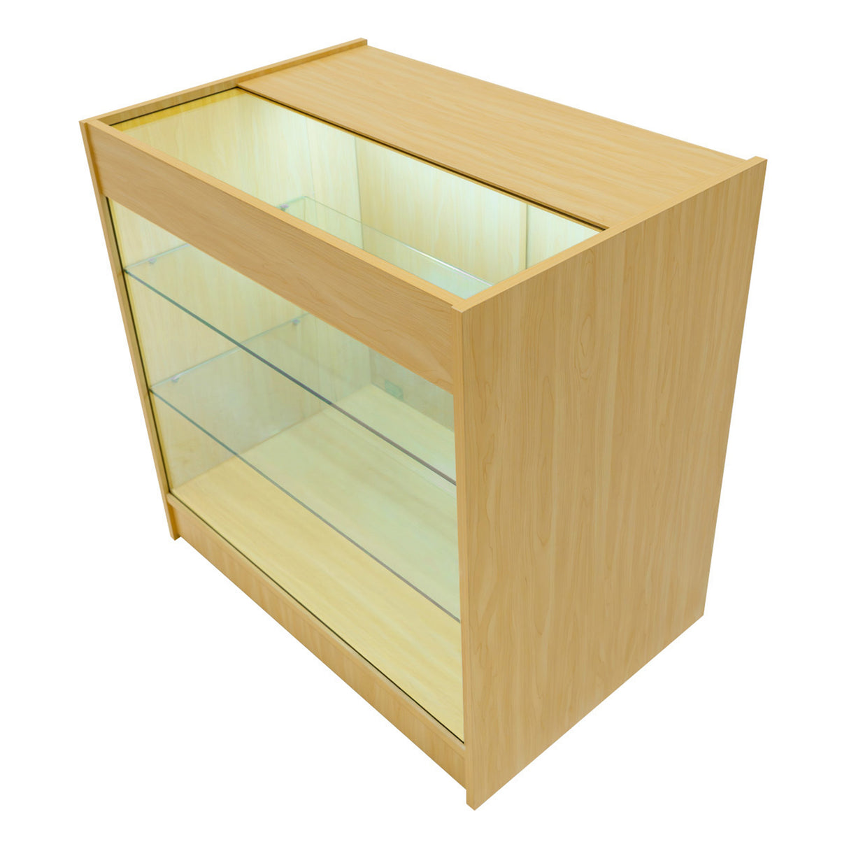 Comptoir de vente à LED Calliope en érable clair, avec étagères en verre transparent et éclairage intégré, design moderne et épuré