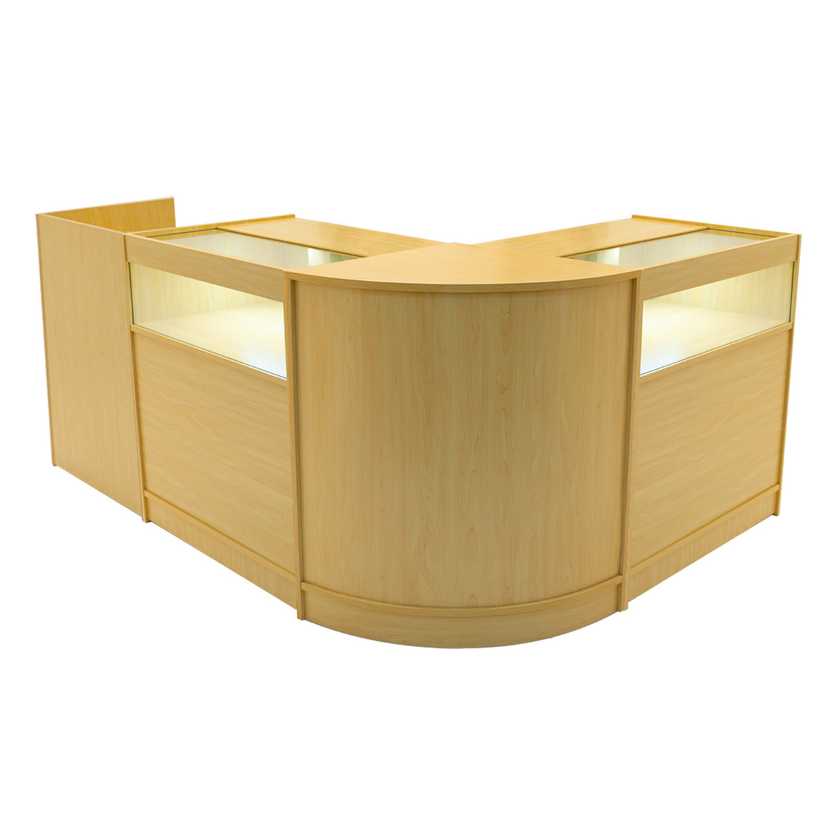 Comptoir de vente en érable clair avec éclairage LED, forme en U, surface lisse et moderne, parfait pour les présentations de produits