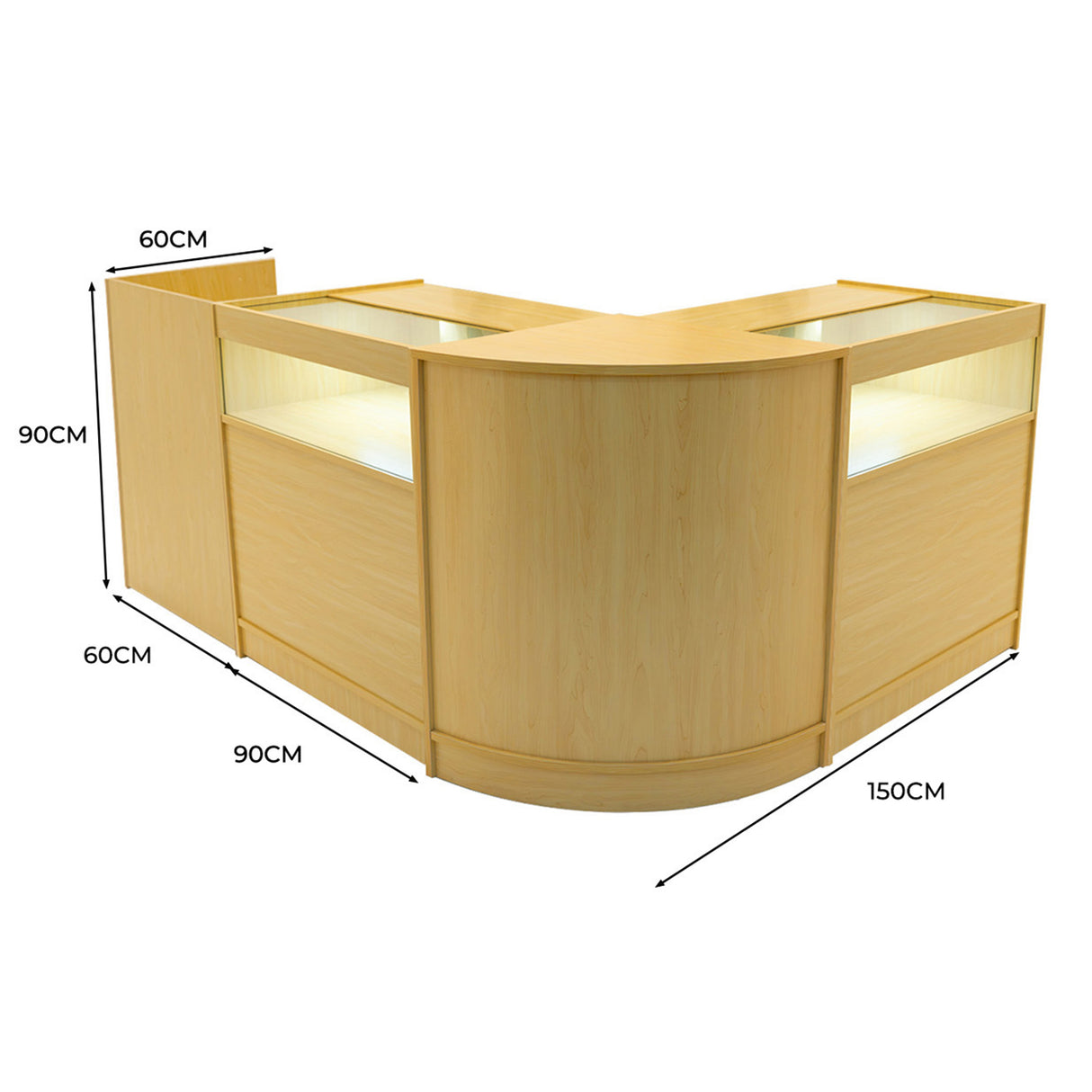Comptoir de vente à LED en érable clair, forme en U, dimensions 150 x 90 x 60 cm, avec vitrines éclairées et finitions lisses