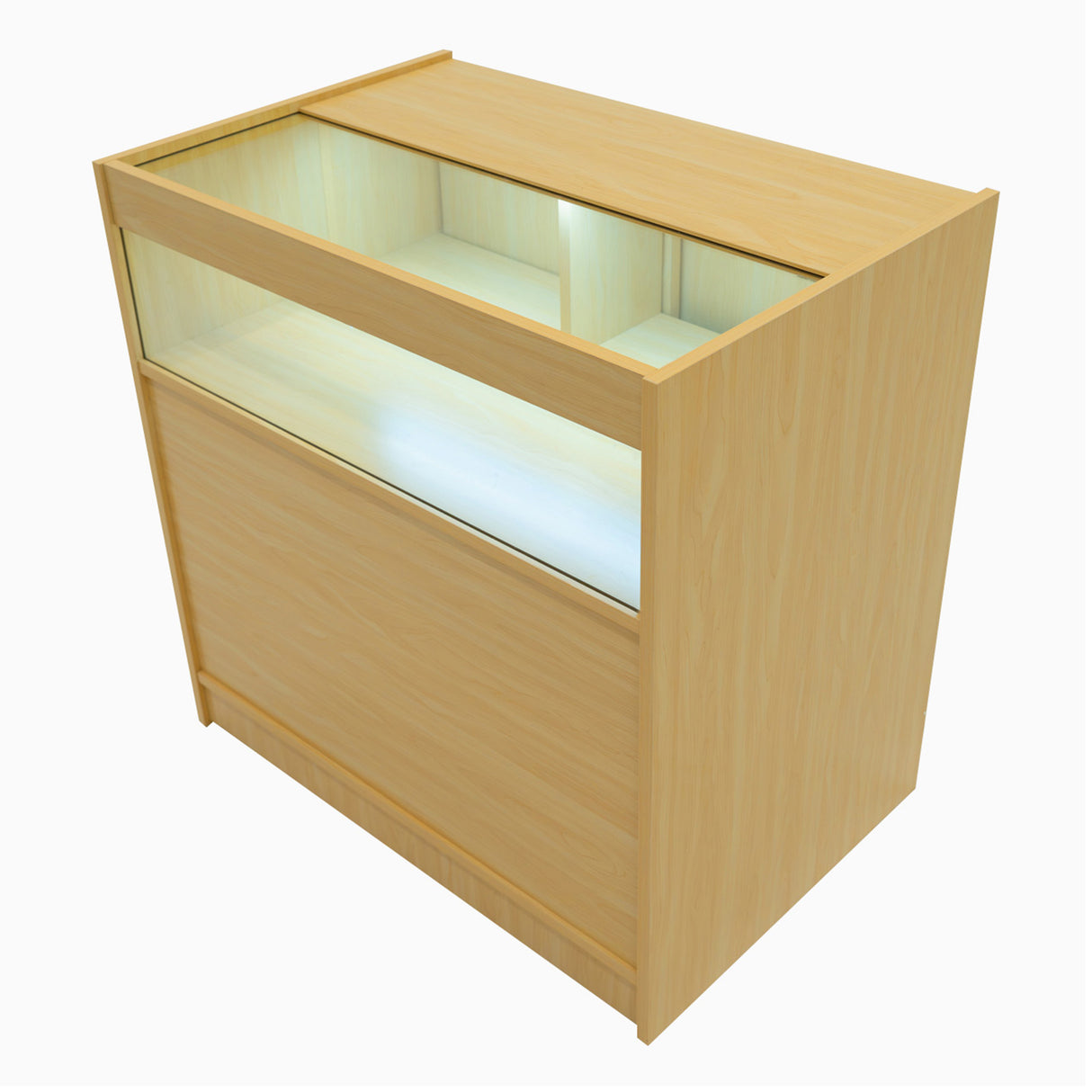 Comptoir de vente à LED en érable clair, avec surface lisse, éclairage intégré et espace de rangement pratique en dessous