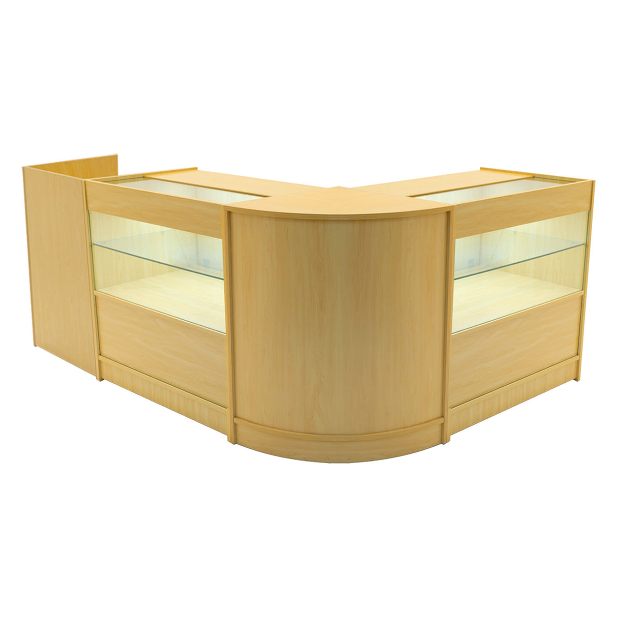 Comptoir de vente en érable clair, forme en L, avec vitrines en verre, éclairage LED intégré, design moderne et élégant