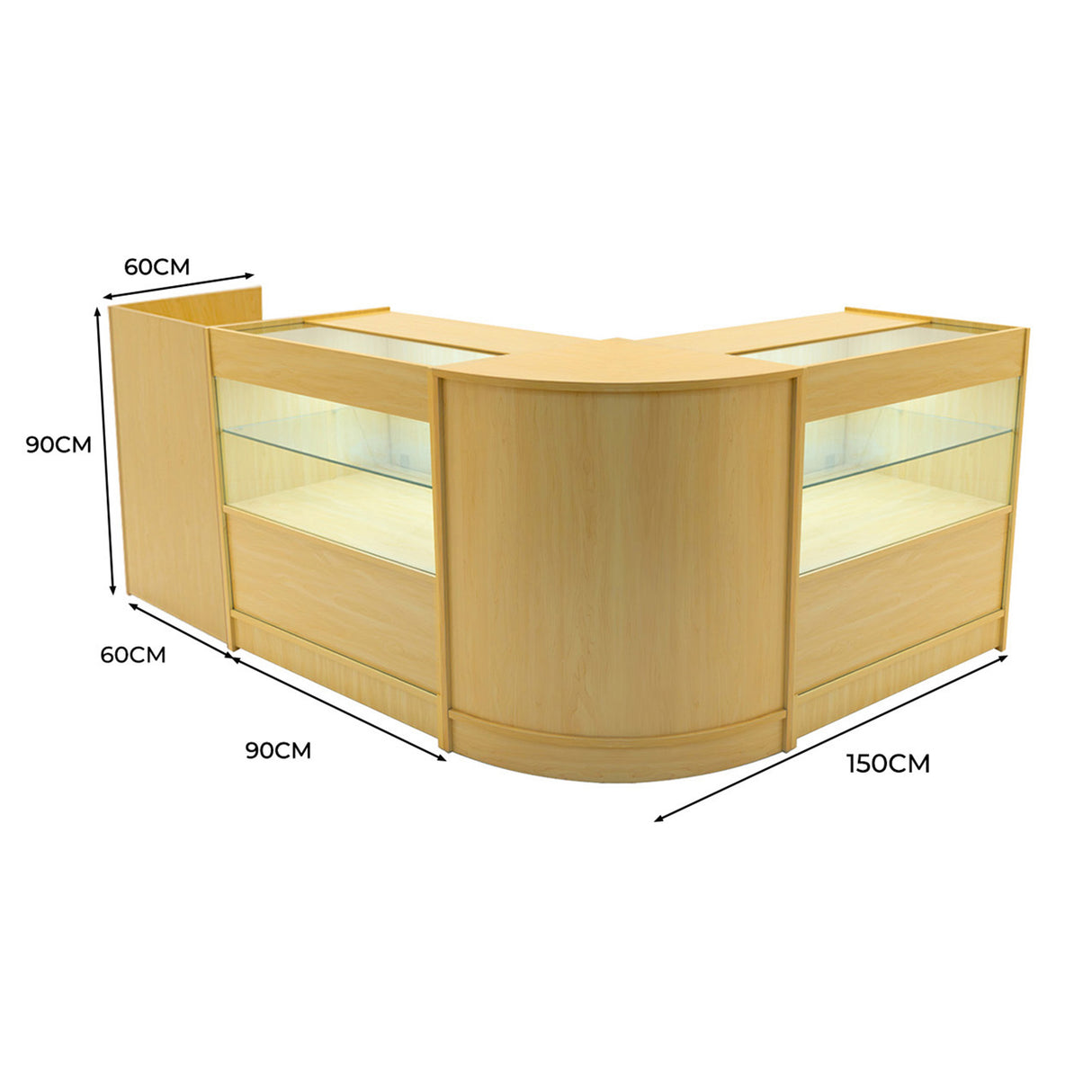 Comptoir de vente en érable clair, forme en L, avec éclairage LED, vitrines en verre, dimensions 150x90x90 cm, design moderne et élégant