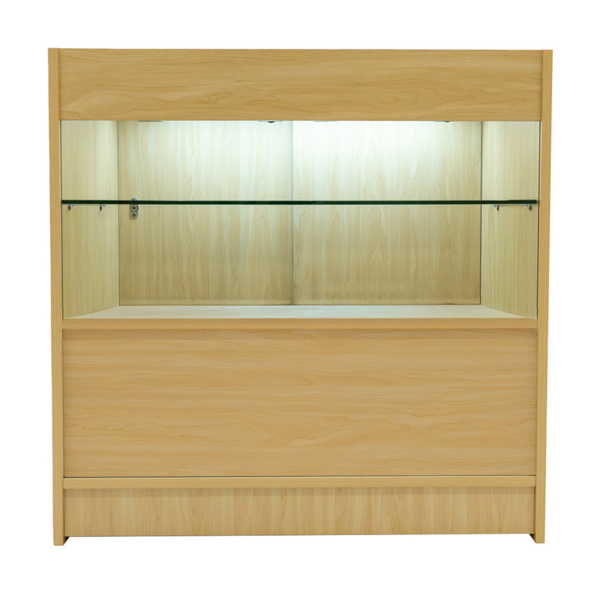 Vitrine en érable clair avec éclairage LED, étagère en verre, design moderne et épuré, idéale pour la présentation de produits