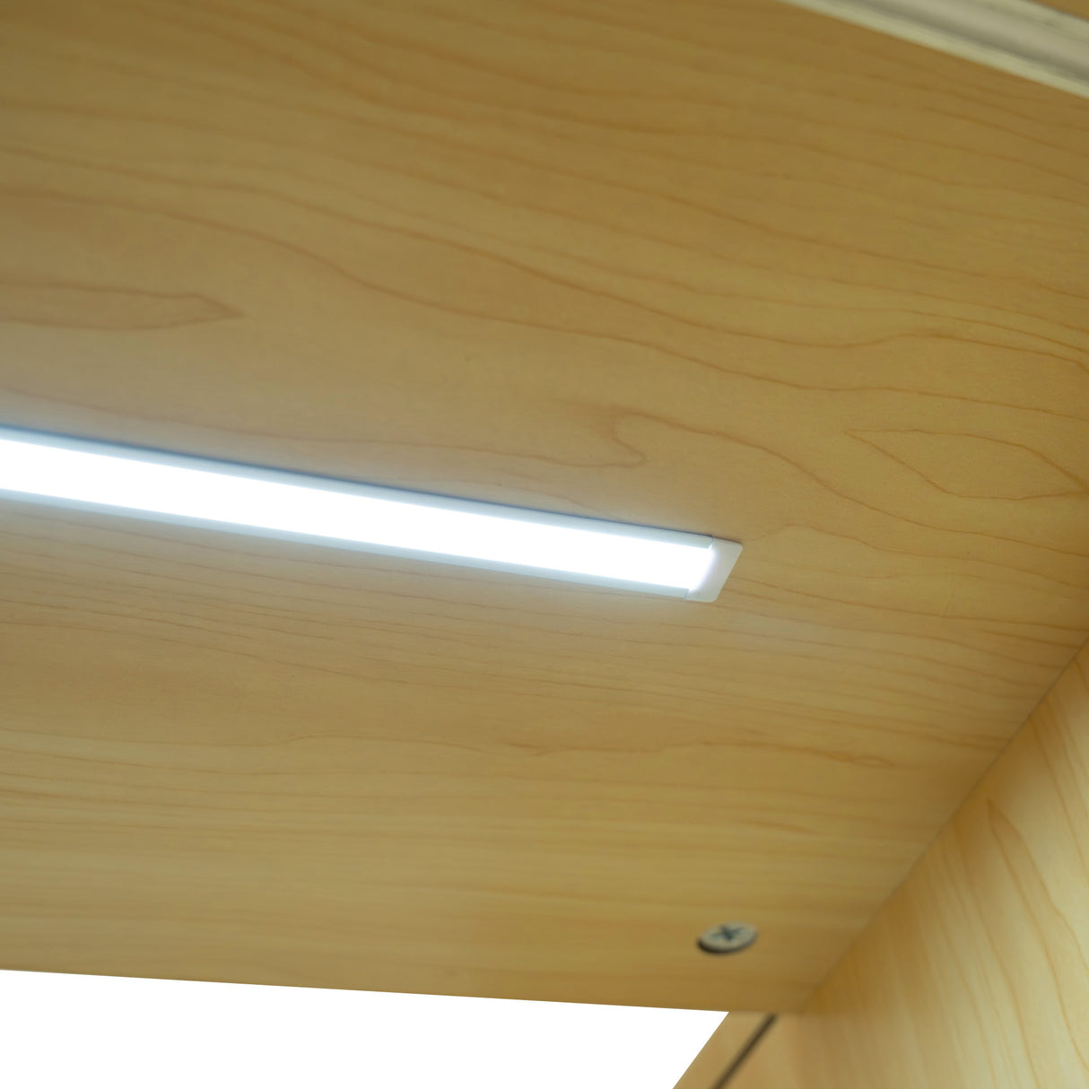 Plan de comptoir en érable clair avec éclairage LED intégré, surface lisse et moderne, parfait pour les espaces de vente