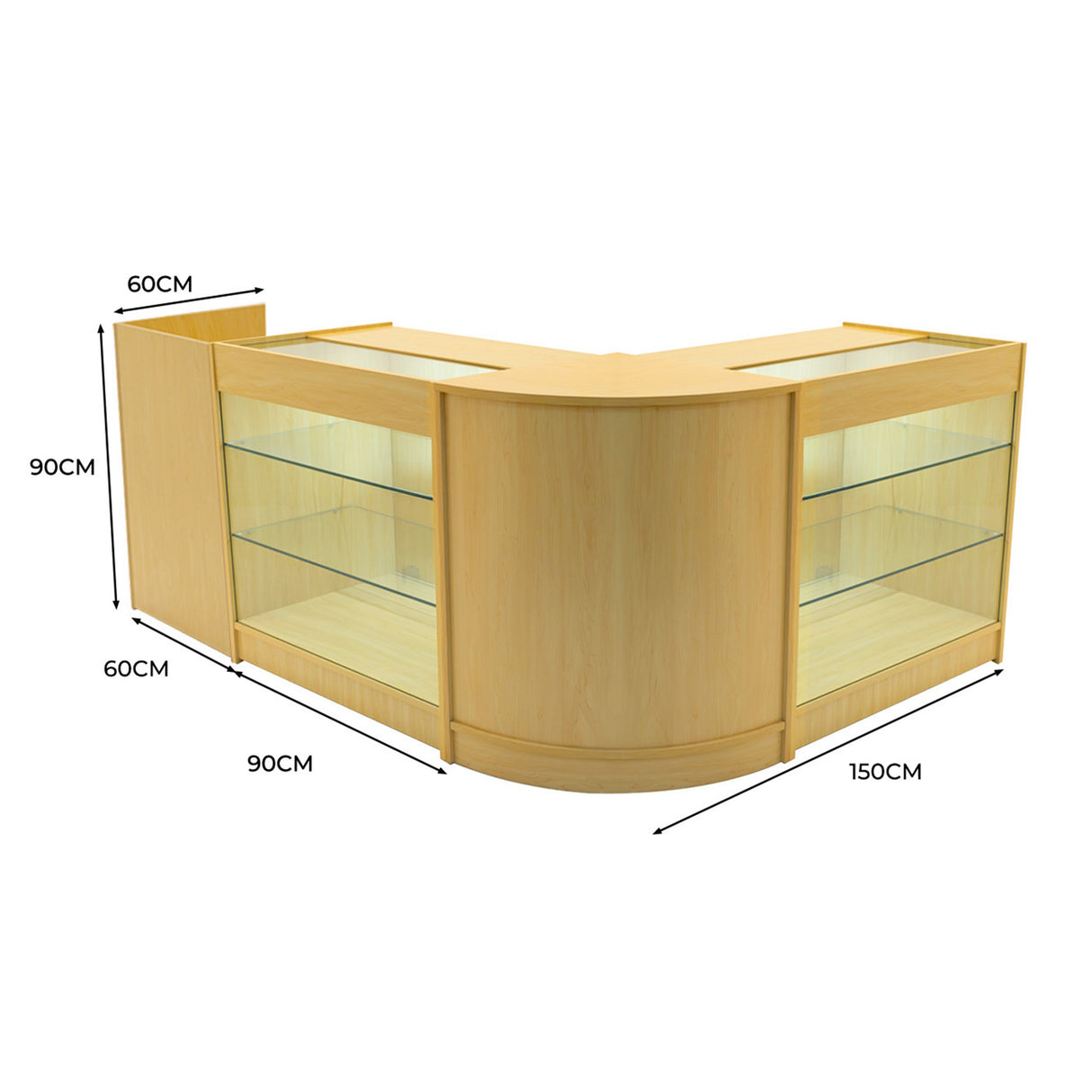 Comptoirs de vente à LED en érable clair, forme en L, avec étagères en verre, dimensions 150 cm x 90 cm x 60 cm, finition lisse