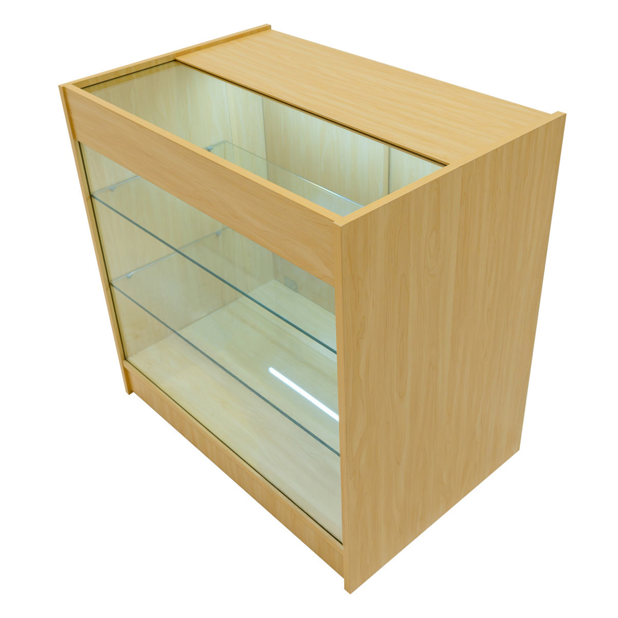 Vitrine en érable clair avec éclairage LED, trois étagères en verre transparent et design moderne, idéale pour exposer des produits