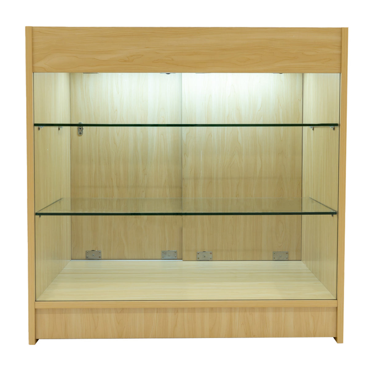Vitrine en érable clair avec éclairage LED, deux étagères en verre transparent, design moderne et épuré, idéale pour la présentation de produits