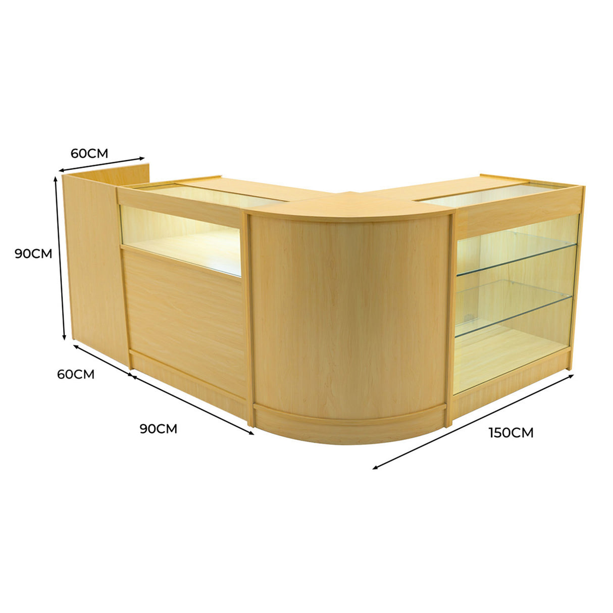 Comptoir de vente en érable clair, forme en L, avec éclairage LED, surfaces vitrées et dimensions de 150x90x90 cm