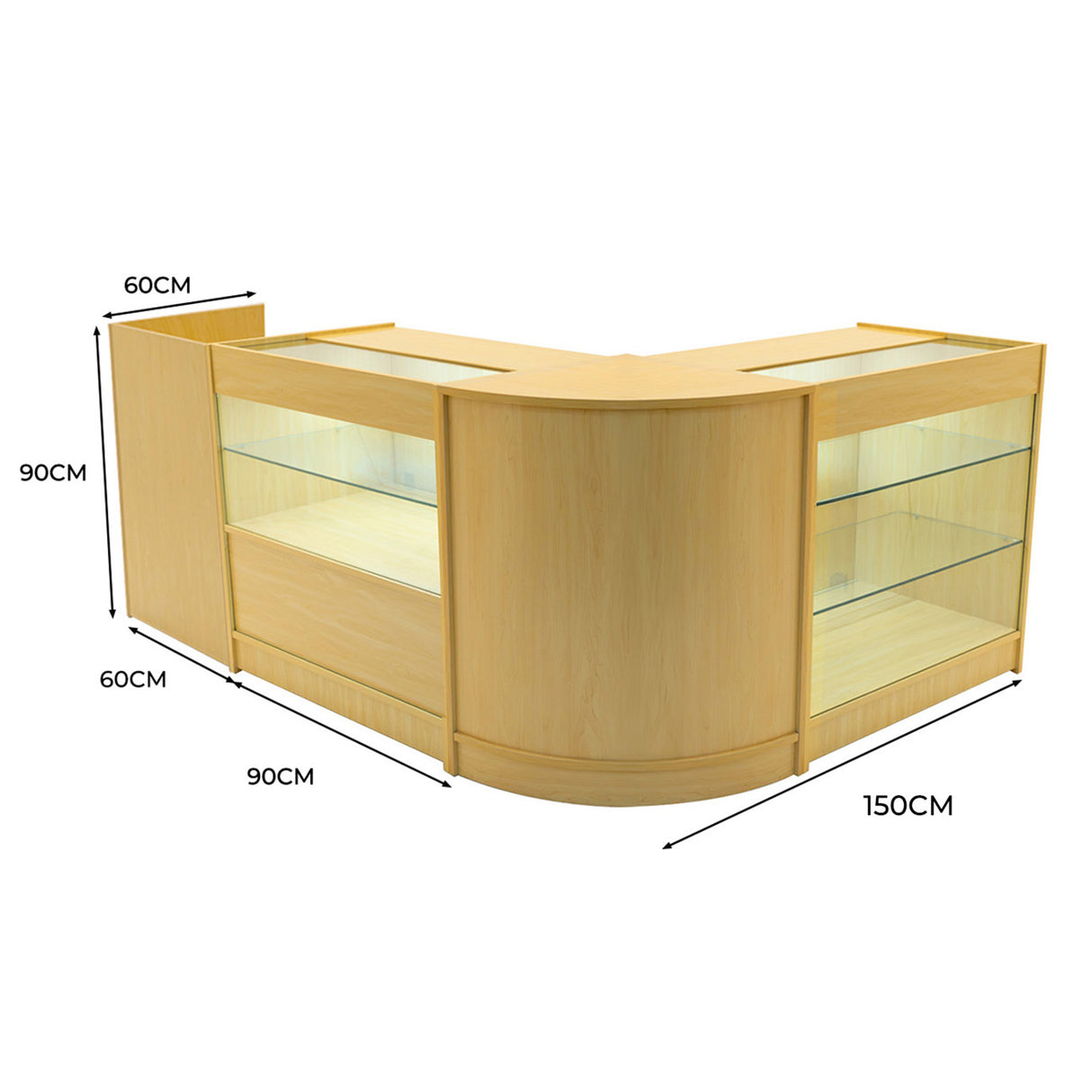 Comptoir de vente en érable clair, forme en L, avec éclairage LED, vitrines en verre, dimensions 150x90x60 cm, design moderne et élégant