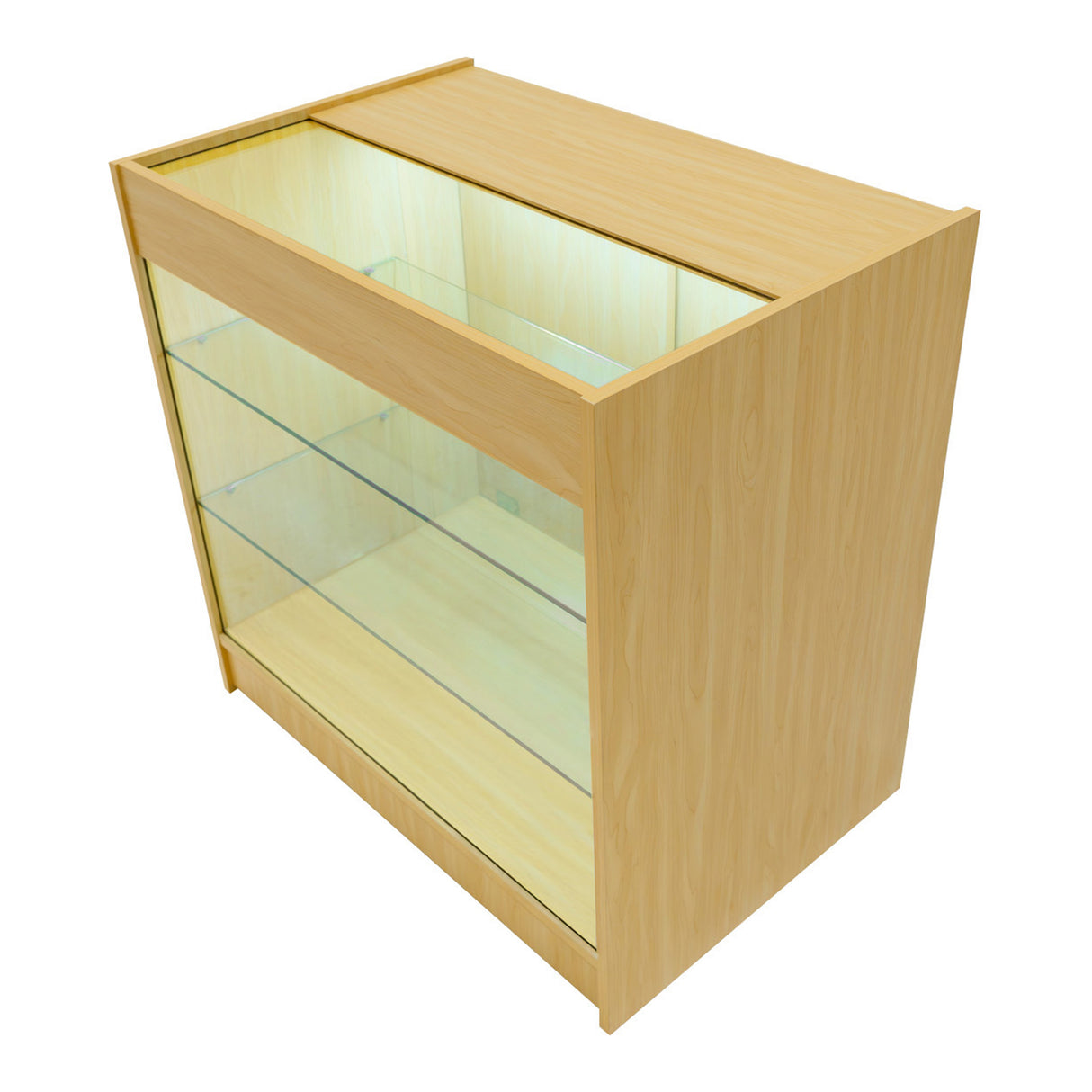 Vitrine en érable clair avec éclairage LED, trois étagères en verre, design moderne et épuré, idéale pour exposer des produits