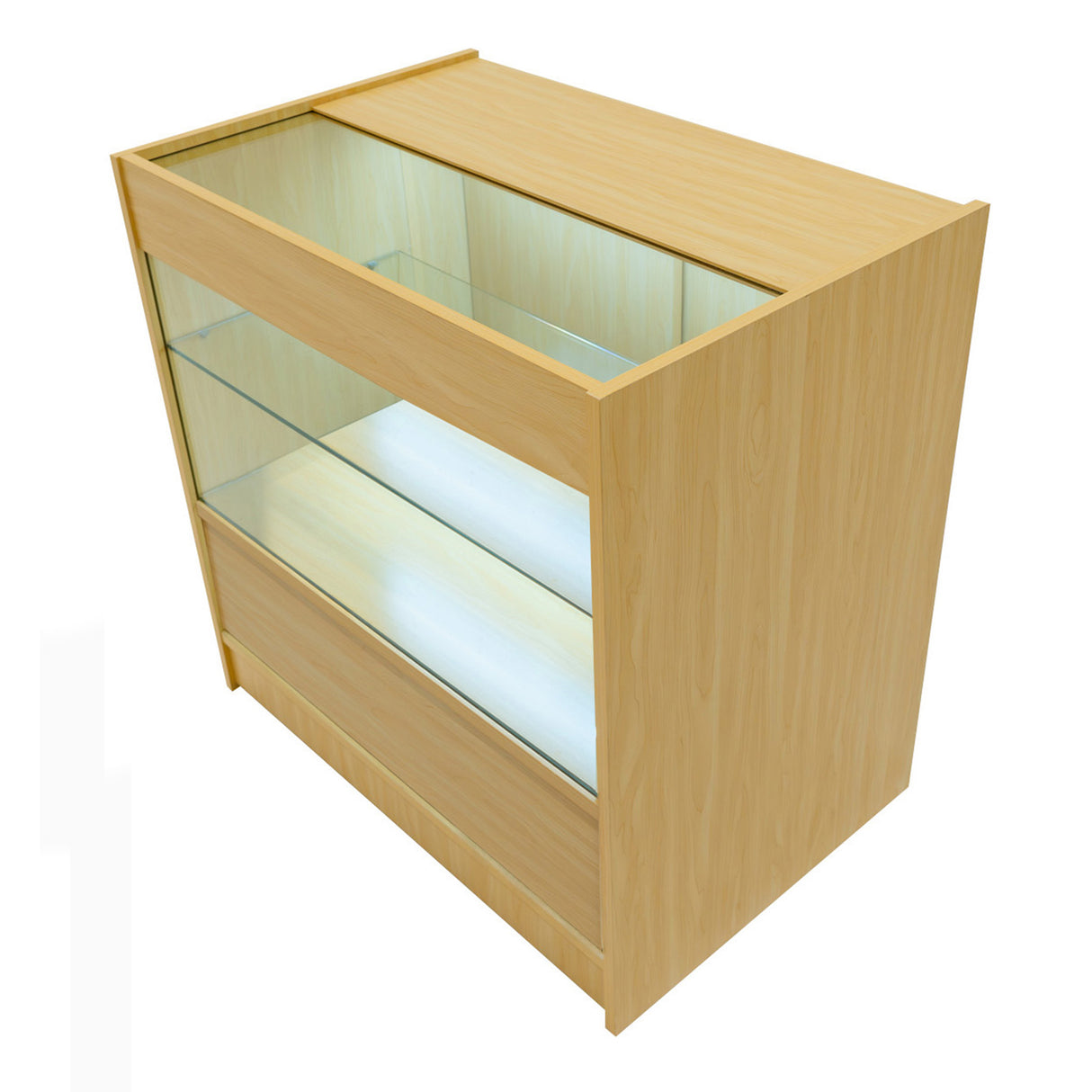 Comptoir de vente à LED en érable clair, avec vitrine en verre, éclairage intérieur et finition lisse, idéal pour exposer des produits