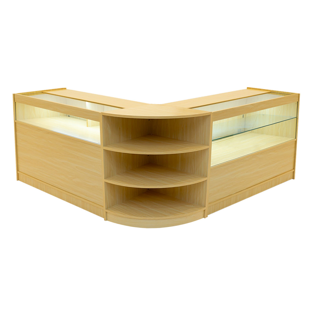 Comptoir de vente à LED en érable clair, design en L avec étagères ouvertes et vitrines lumineuses, finition lisse et moderne