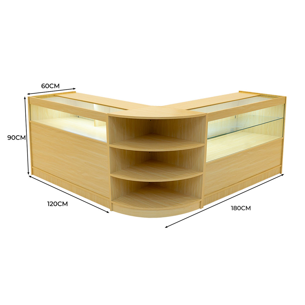 Comptoir de vente en érable clair avec éclairage LED, étagères ouvertes et surfaces lisses, dimensions 120x180 cm, design moderne
