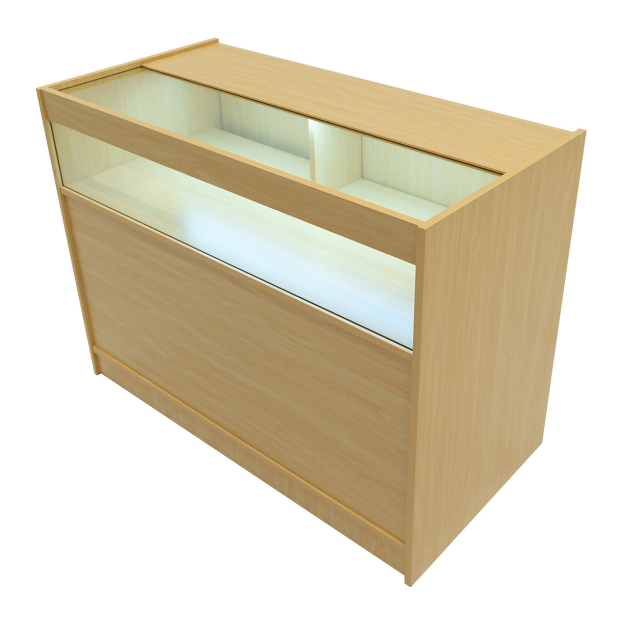 Comptoir de vente à LED en érable clair, surface lisse, éclairage intégré, design moderne et épuré, idéal pour les boutiques