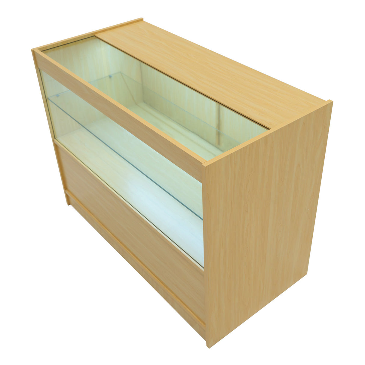 Vitrine de comptoir en érable clair, avec un design moderne, éclairage LED intégré et étagères en verre pour une présentation élégante des produits