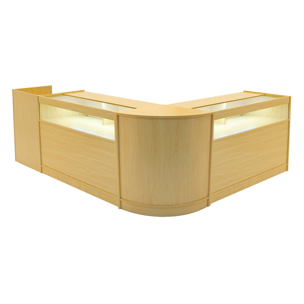 Comptoir de vente en érable clair avec éclairage LED, design moderne en forme de L, surface lisse et finition élégante