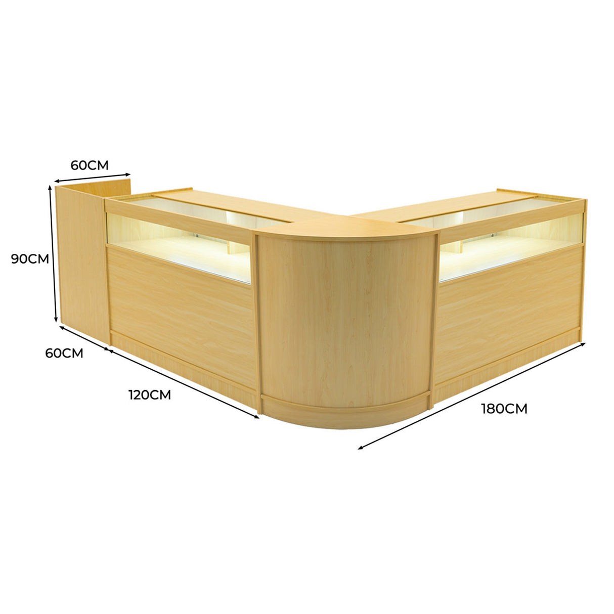 Comptoir de vente en érable clair avec éclairage LED, forme en L, dimensions 180x120x90 cm, surface lisse et moderne
