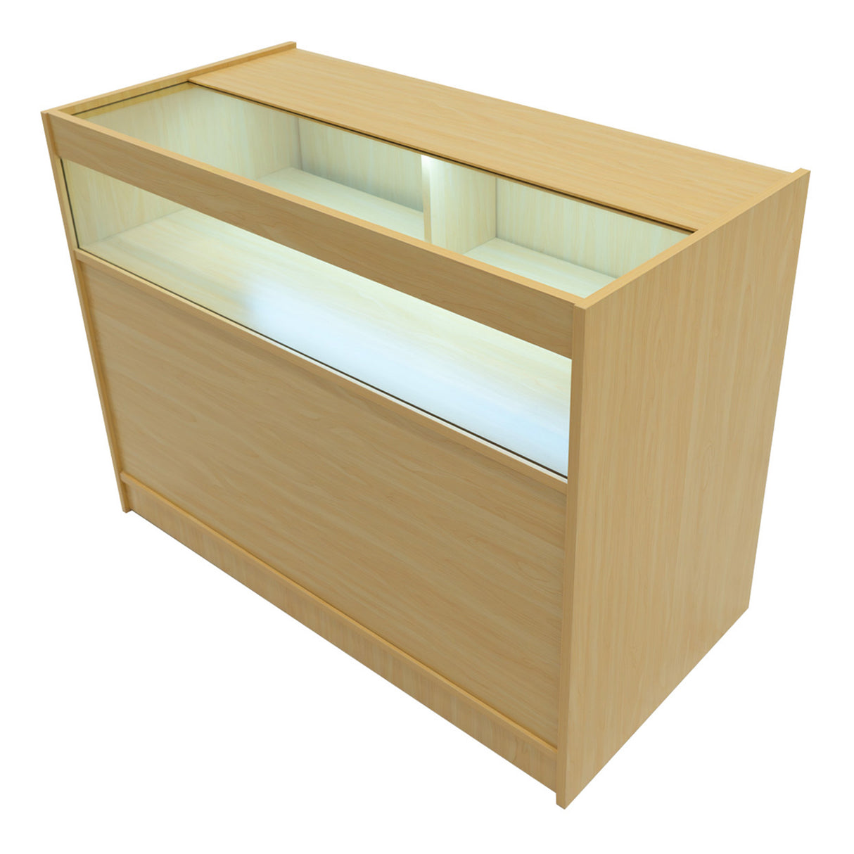 Comptoir de vente à LED en érable clair, design moderne avec éclairage intégré, surface lisse et finitions soignées, idéal pour le commerce
