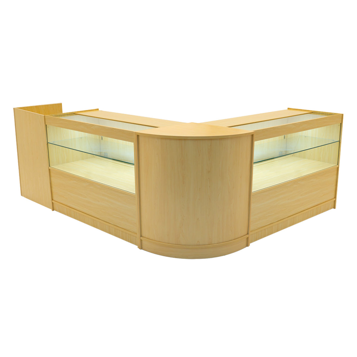 Comptoir de vente en érable clair avec éclairage LED, forme en L, surfaces lisses et vitrines en verre pour une présentation élégante