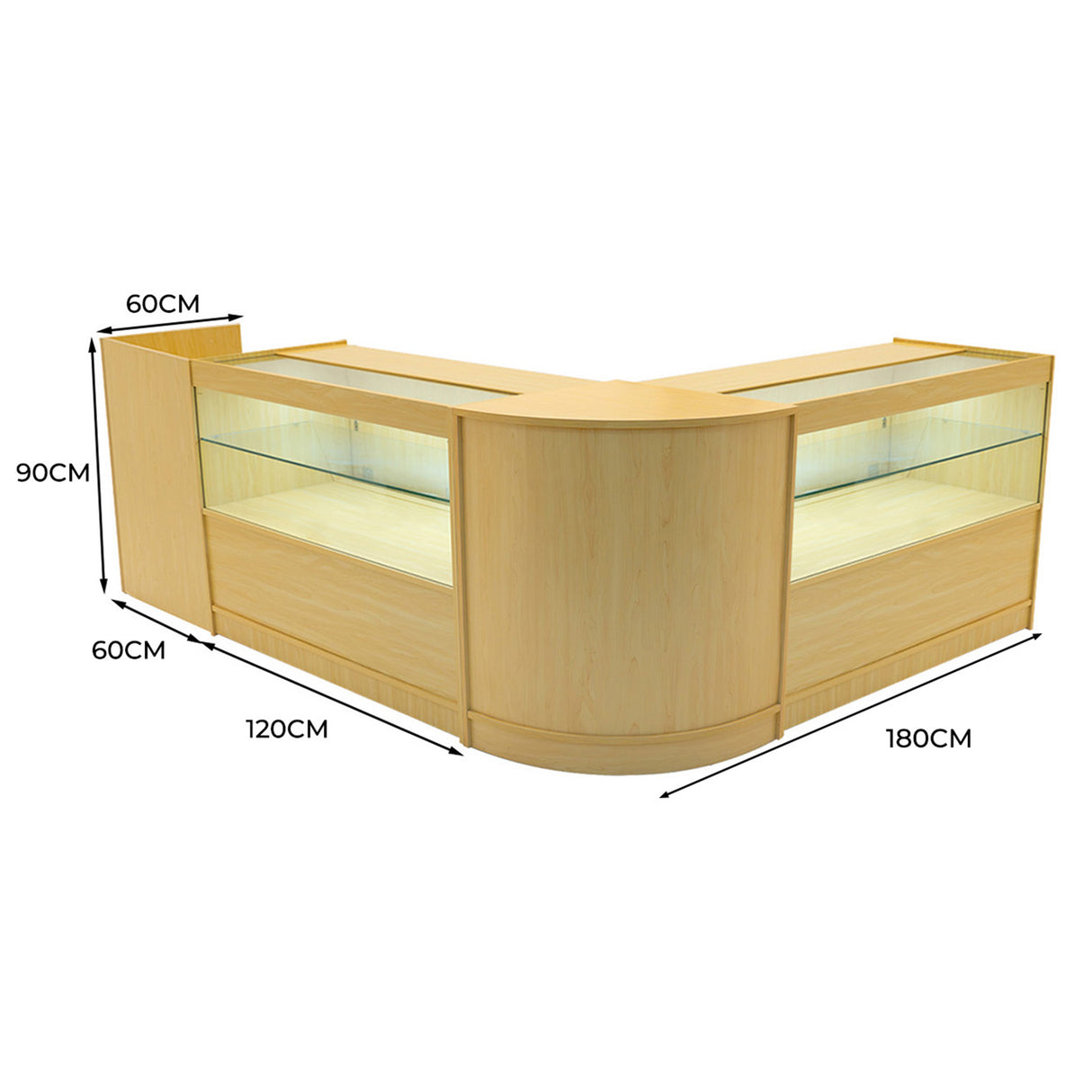 Comptoir de vente en érable clair, forme en L, avec éclairage LED intégré, dimensions 180x120x90 cm, surface lisse et moderne