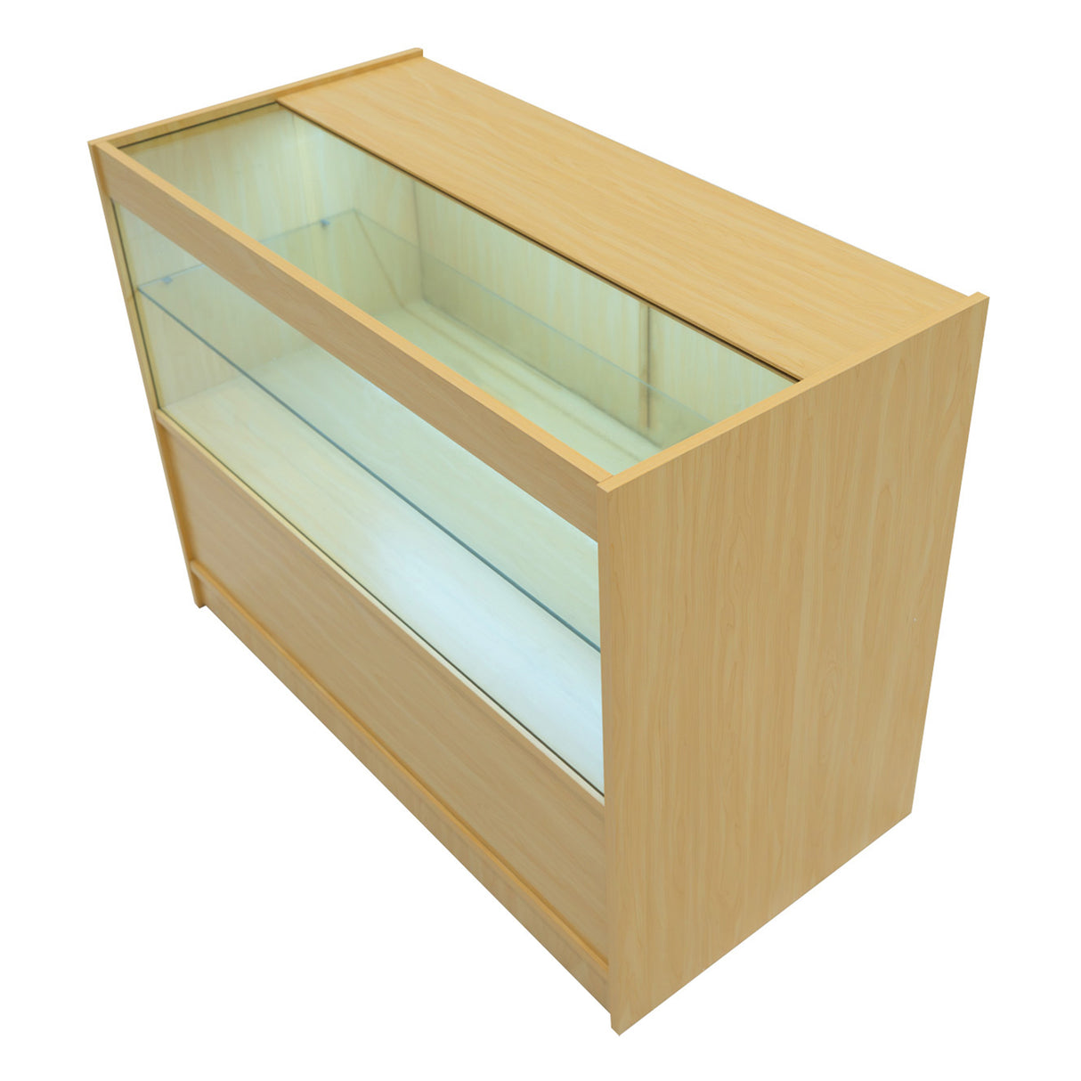 Comptoir de vente à LED en érable clair, avec vitrine en verre, surface lisse et moderne, idéal pour exposer des produits