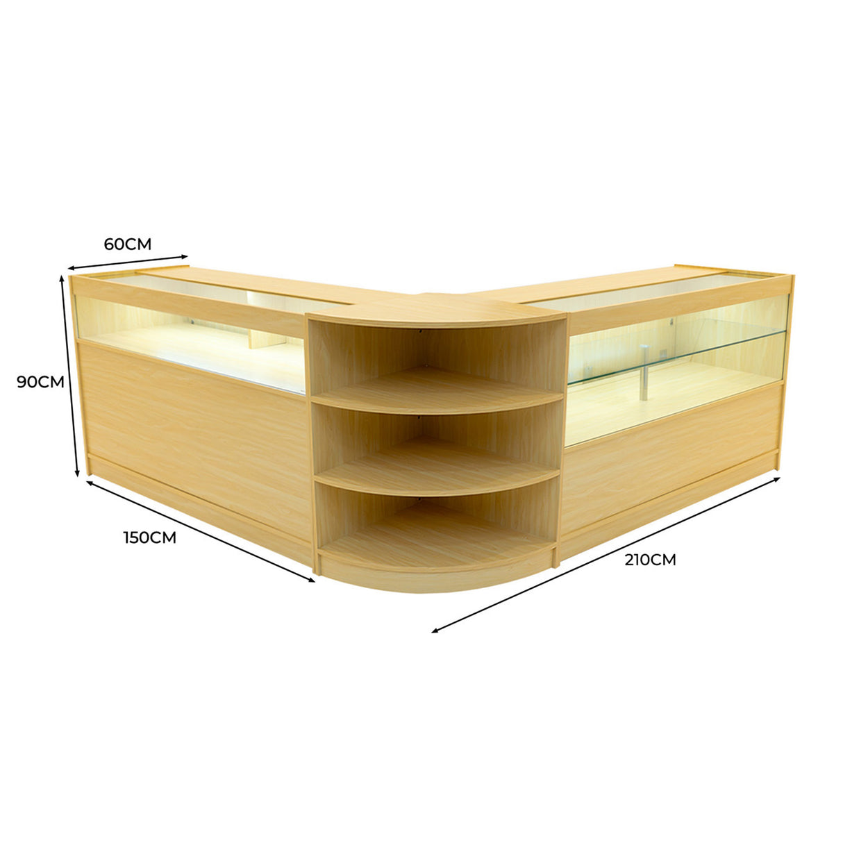 Comptoir de vente en érable clair avec éclairage LED, étagères courbées, dimensions 210x150x90 cm, design moderne et fonctionnel