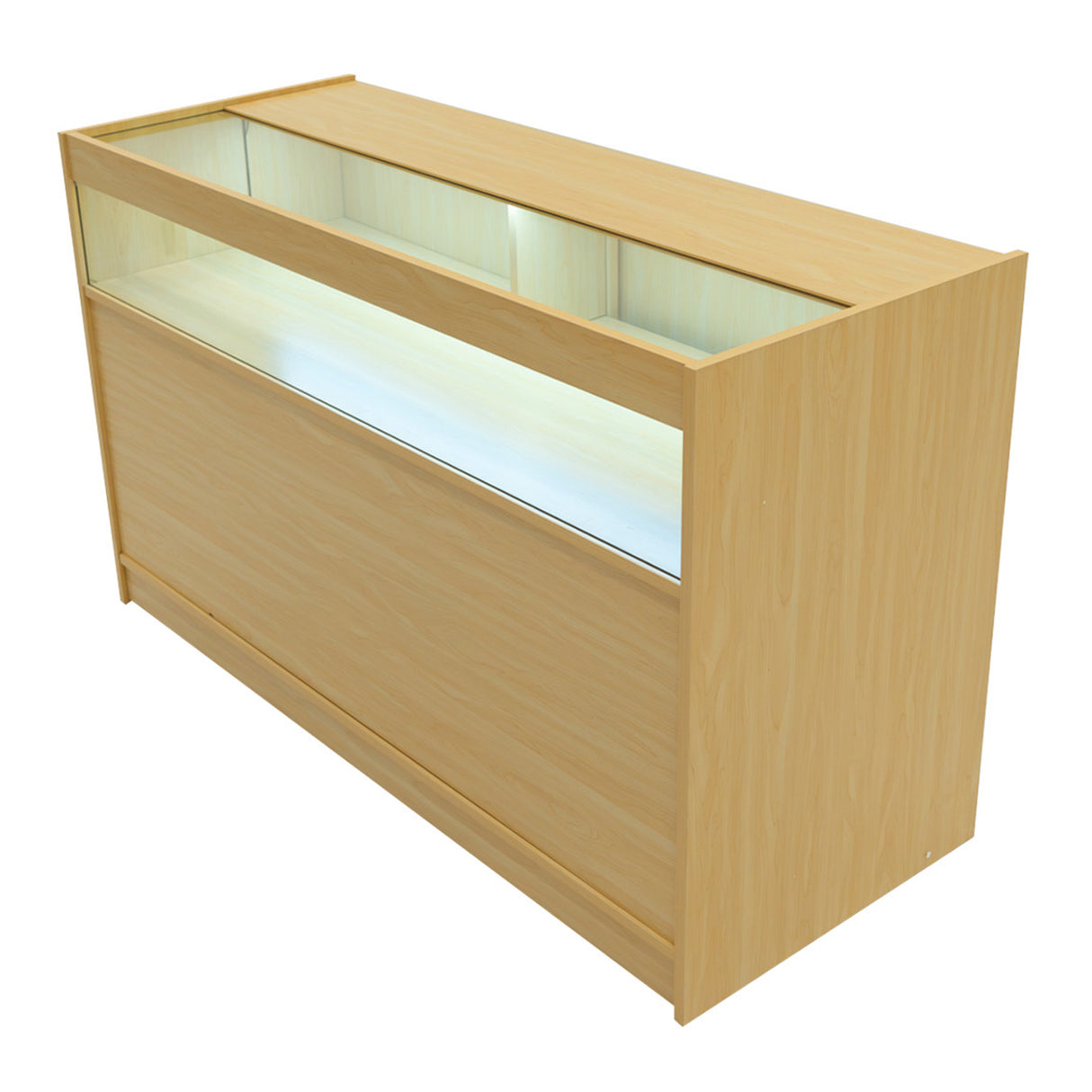 Comptoir de vente à LED en érable clair, design moderne avec éclairage intégré, surface lisse et finition élégante, idéal pour les boutiques