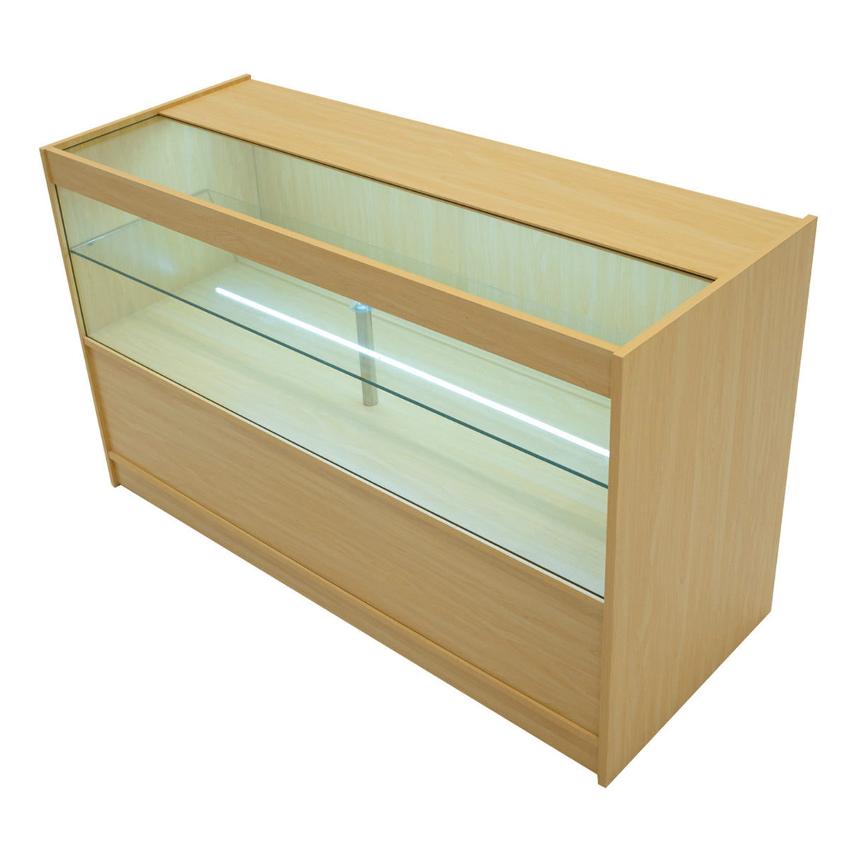 Comptoir de vente à LED en érable clair, avec vitrine en verre et éclairage intégré, design moderne et épuré, idéal pour boutiques