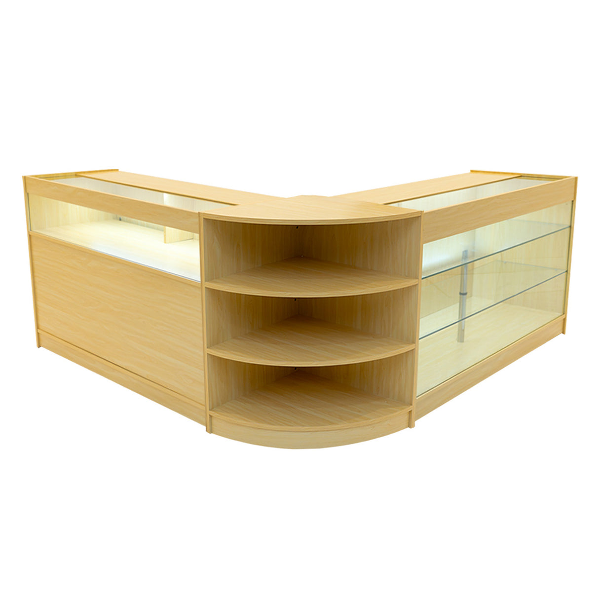 Comptoir de vente en érable clair avec éclairage LED, étagères en verre, design moderne en forme de L, finition lisse et élégante