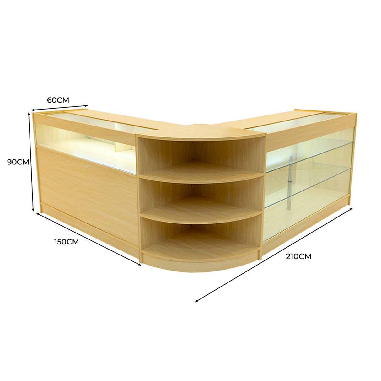 Comptoir de vente en érable clair avec éclairage LED, étagères ouvertes, et design moderne en forme de L, dimensions 60x150x90 cm